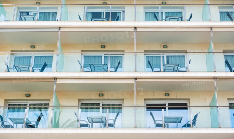 Balconies of a hotel on the seafront promenade in Sitges, Spain, Europe