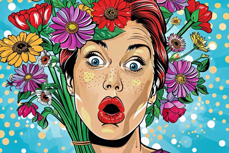 Surprised woman in pop art style surrounded by colourful flowers and dot pattern background, AI generated, AI generated