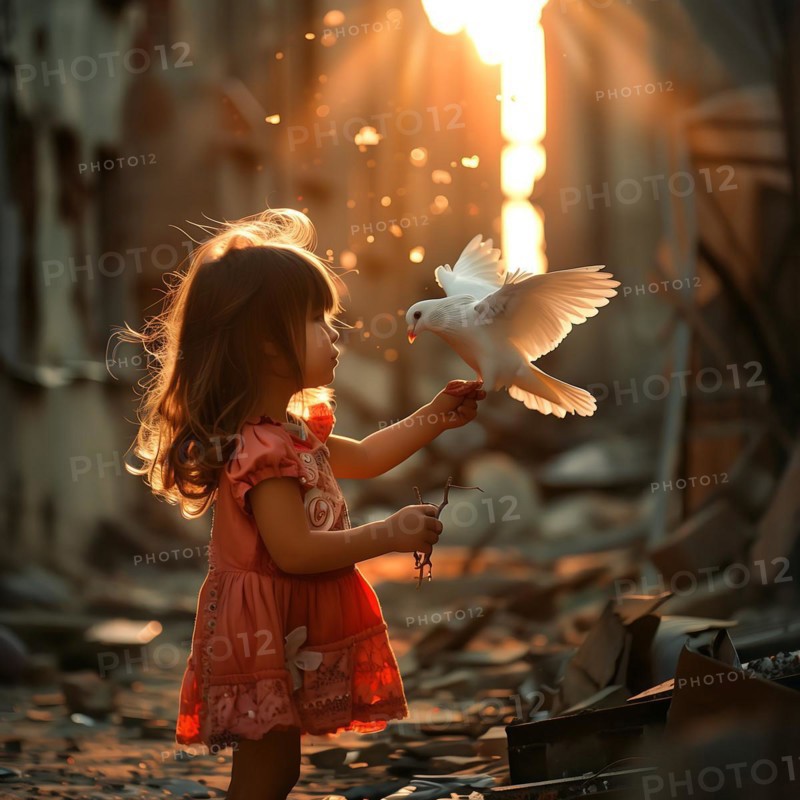 A little girl in ruins watches a pigeon land in a ray of the setting sun, destroyed houses, war, dove of peace, AI generated