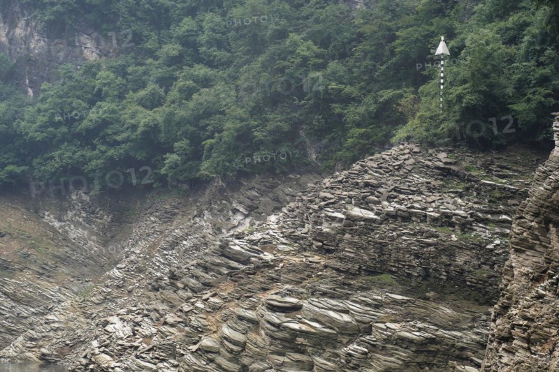 Cruise ship on the Yangtze River, Hubei Province, China, Asia, Layered cliff with green plants and traces of erosion, Yichang, Asia