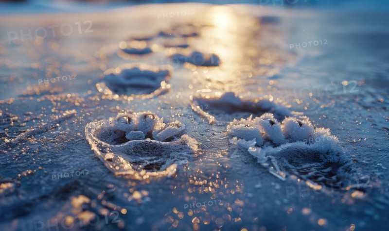 Close-up of animal footprints preserved in the frozen surface of a lake AI generated