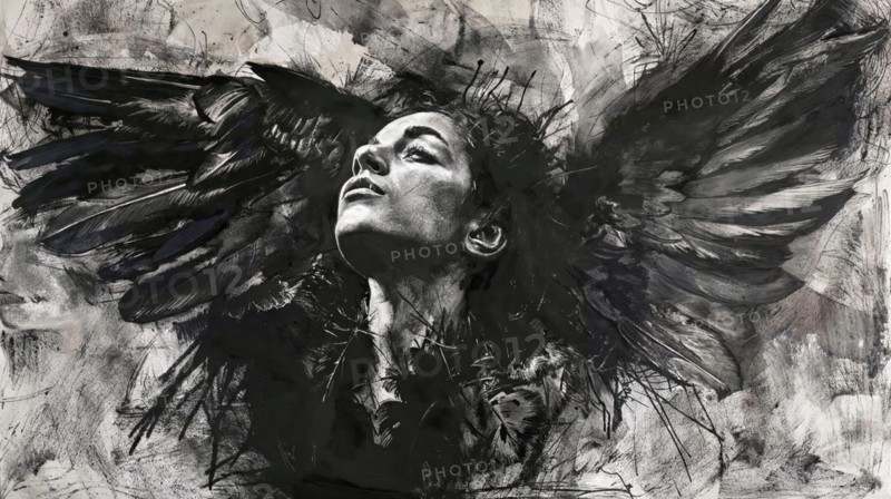 Intense emotional depiction of a woman with spread crow's wings, in black and white, raven woman, cover design, AI generated, AI generated