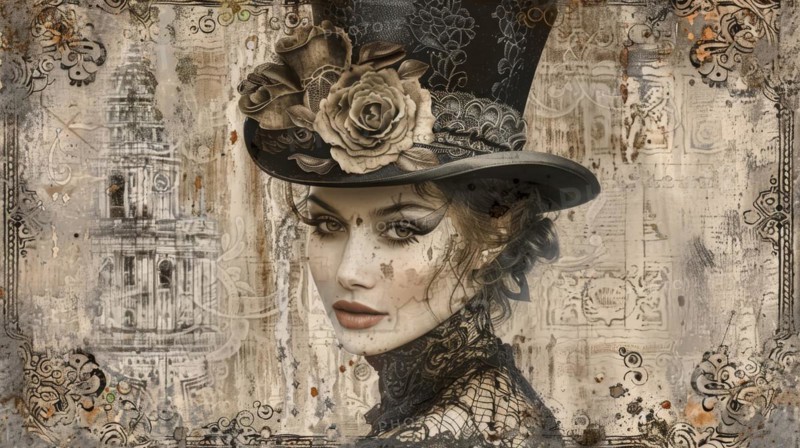A steampunk-inspired vintage portrait of a woman adorned with a hat and rose accents, ai generated, AI generated