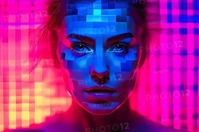 AI generated human portrait transitioning from lifelike human to a pixelated digital effect