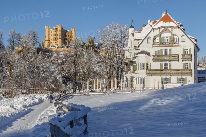 Hohenschwangau Castle and Hotel Alpenrose am Alpsee, Schwangau, Ostallgaeu, Swabia, Bavaria, Germany, Schwangau, Ostallgaeu, Bavaria, Germany, Europe