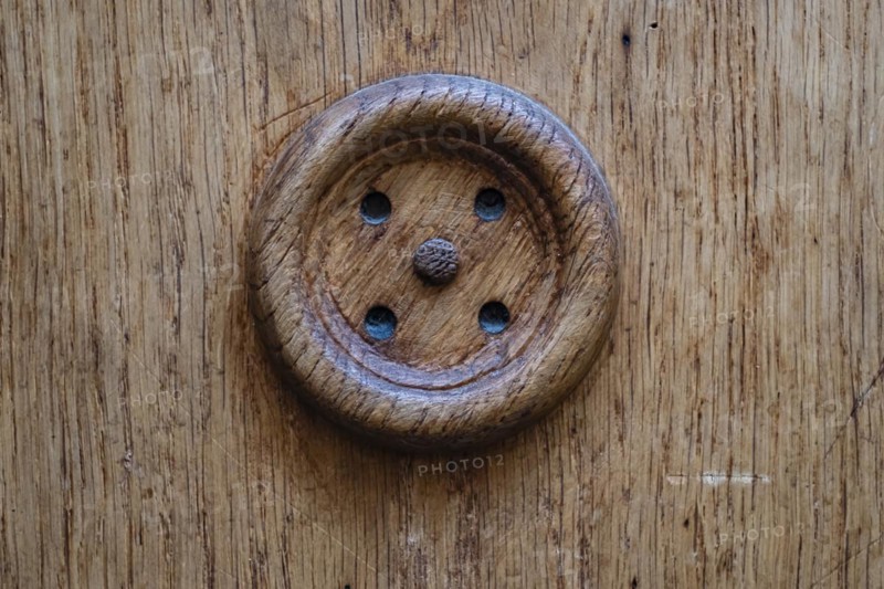 Application on wood, antiqued door fitting on a historic front door, Old Town Lindau (Lake Constance), Bavaria, Germany, Europe