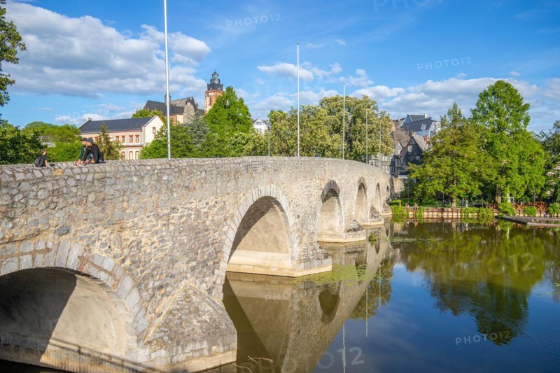 View of an old town, half-timbered houses in a town. Streets and bridges at the river Lahn in the morning in Wetzlar, Hesse Germany