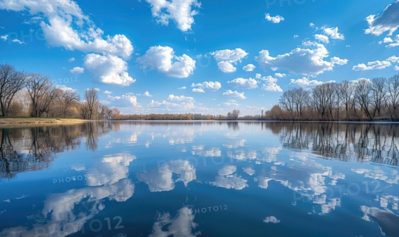 A serene spring lake reflecting the clear blue sky and fluffy white clouds AI generated