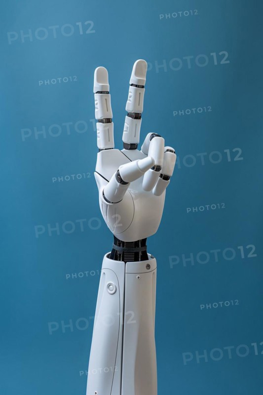 Artificial intelligence robot hand showing peace sign. KI generiert, generiert, AI generated