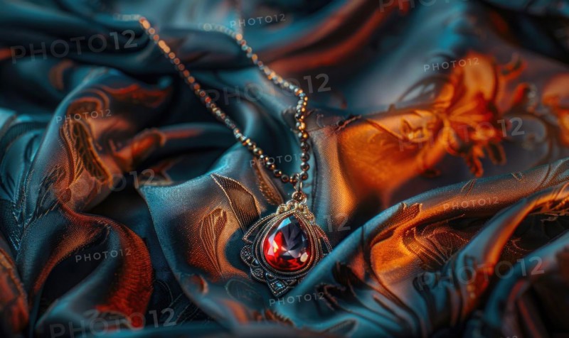 A gemstone pendant suspended on a delicate chain against a backdrop of silky satin materia AI generated