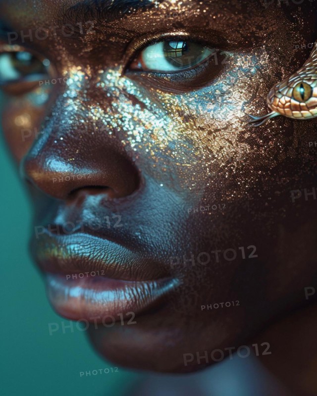 Mystic portrait of a dark-skinned non binary individual with golden glitter and snake, exuding enigma, blurry teal turquoise solid background, beauty product studio lightning, fashion artsy make up, high concept potraiture, short deph of field, AI generated