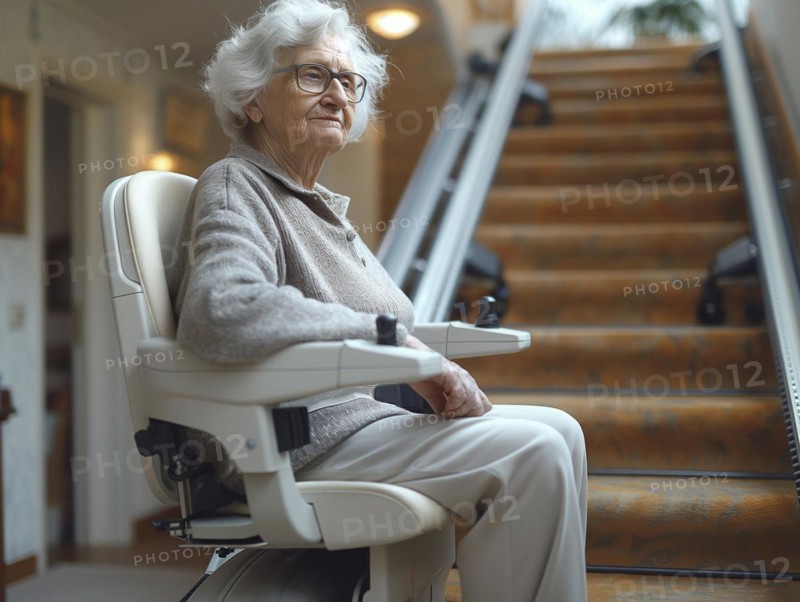 A pensioner rides a stair lift up a flight of stairs, AI generated