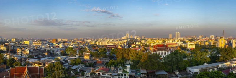 Panorama at sunrise from Golden Mount, skyline of Bangkok, Thailand, Asia