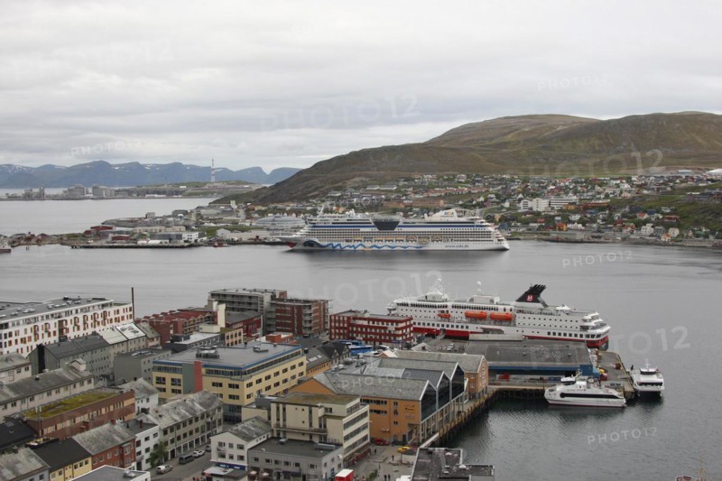 Hammerfest, with cruise ship Aida in the harbour, Northern Norway, Scandinavia