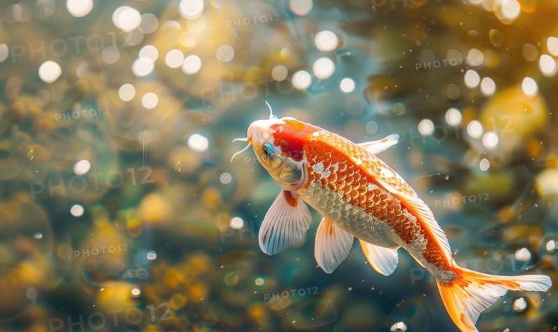Close-up of a koi fish gliding through the clear waters of a pond AI generated