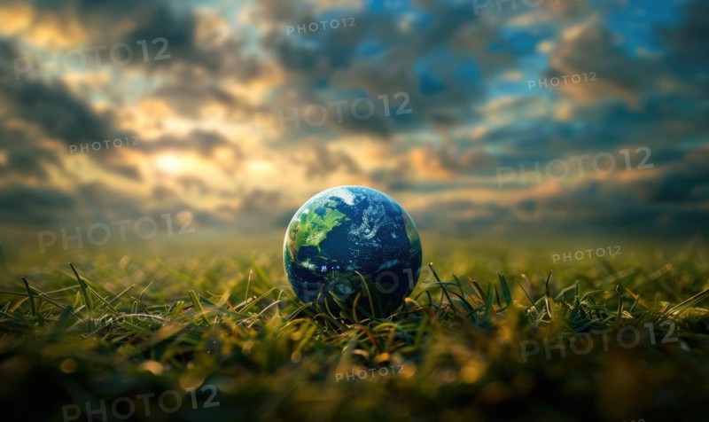 An Earth globe on a grassy meadow with a dramatic cloudy sky as the backdrop AI generated