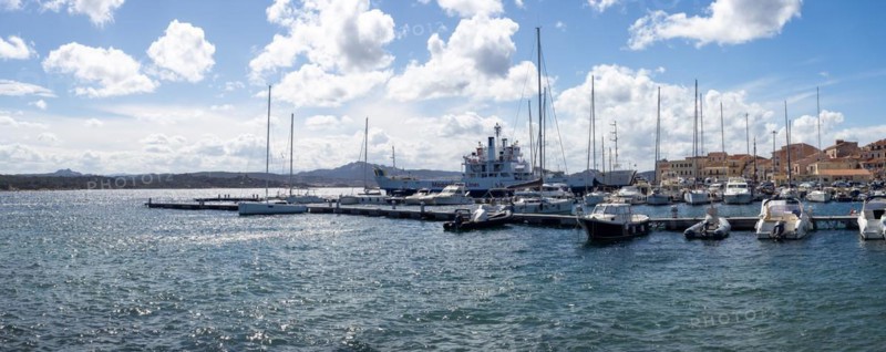 Boats in the harbour, panoramic view, Maddalena, Isola La Maddalena, Sardinia, Italy, Europe