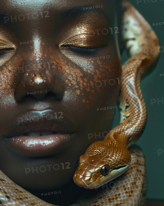 Image of a sleeping beauty with closed eyes, bronze tones, and a snake draped over her, blurry teal turquoise solid background, beauty product studio light, fashion artsy make up, high concept potraiture, AI generated