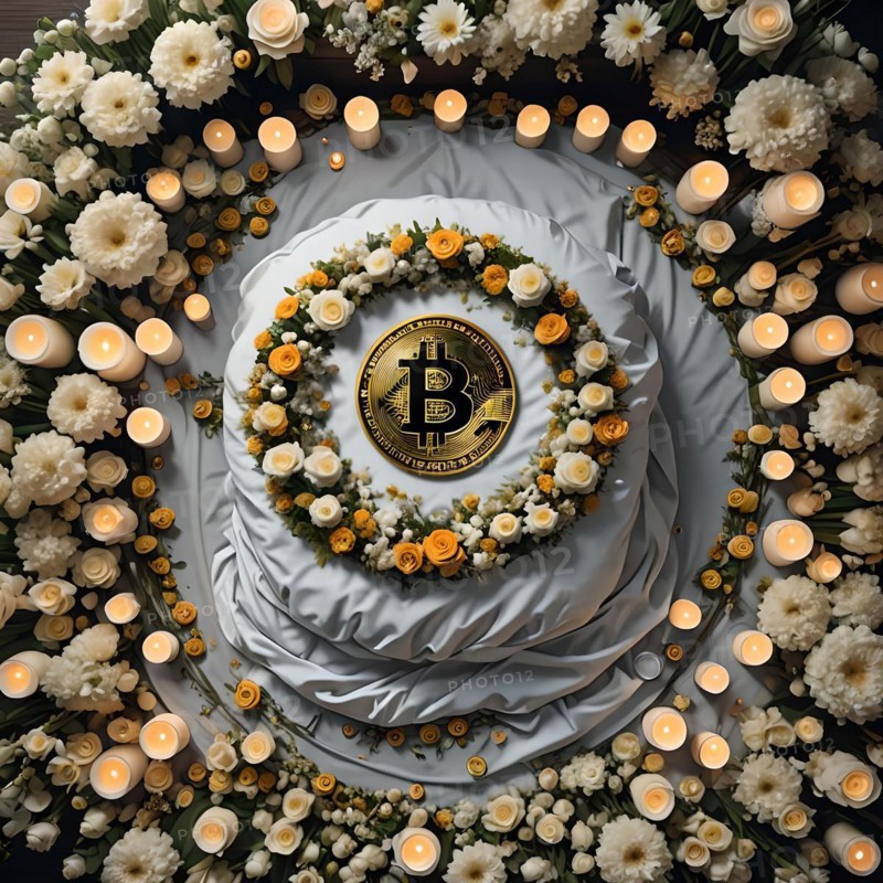 Conceptual image depicting a bitcoin symbol on a funeral wreath, symbolizing the demise of cryptocurrency, AI generated