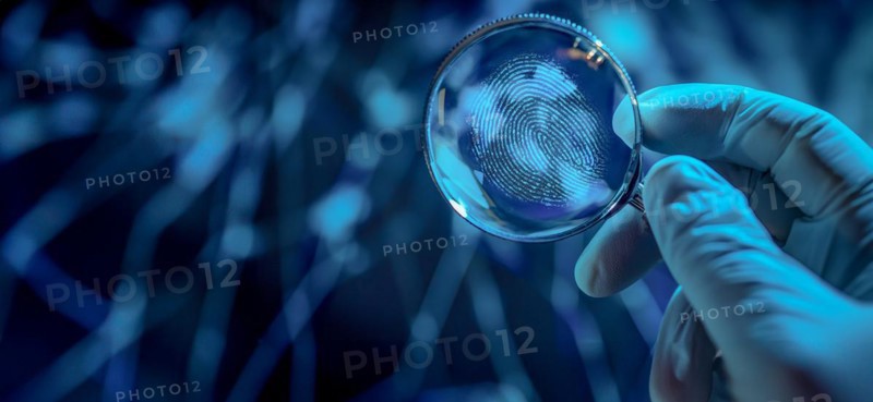 Crime scene with investigator wearing surgical glove viewing A fingerprint through the glass of a magnifying glass. generative AI, AI generated