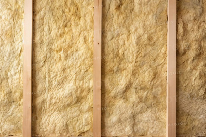 Close up of wall with mineral wool isolation between wooden beams. KI generiert, generiert, AI generated