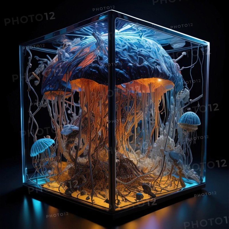3D illustration of jellyfish in a glass aquarium. ai generated, AI generated