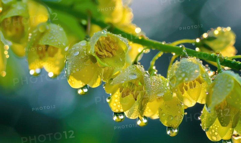 Close-up of dew-covered laburnum flowers in the early morning AI generated
