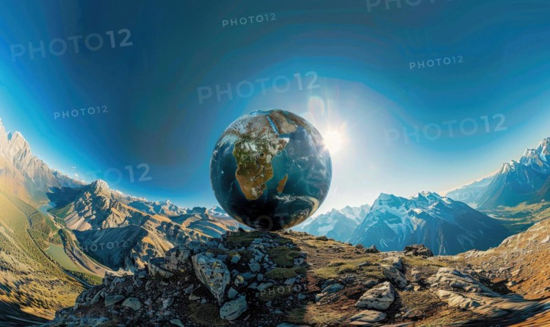 An Earth globe set against a mountain backdrop with a clear blue sky AI generated