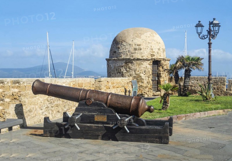 Medieval cannon with watchtower at fortress wall of Alghero, Sardinia, Italy, Mediterranean, Southern Europe, Europe