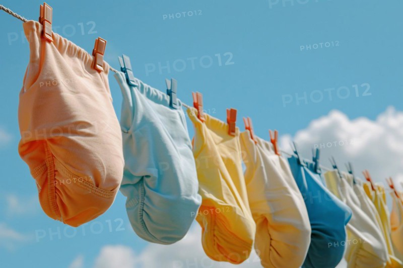 Eco friendly reusable cotton diapers on clothesline. KI generiert, generiert, AI generated