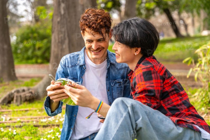 Gay couple enjoying a day in the park sitting together under the sun