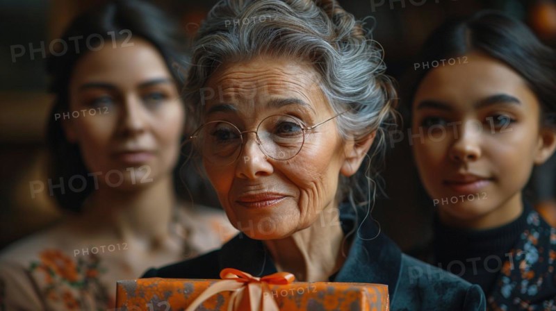 An elegant elderly woman with a subtle smile and glasses, anticipating the opening of a gift, AI generated