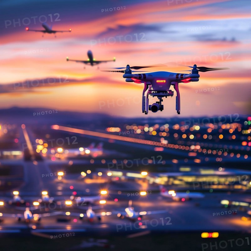 A drone overlooks an illuminated runway and an aeroplane during the blue hour, drone, attack, AI generated