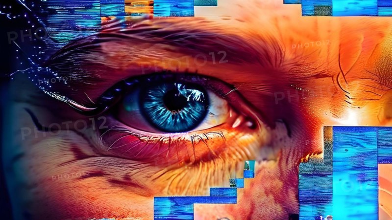AI generated human portrait transitioning from lifelike human to a pixelated digital effect