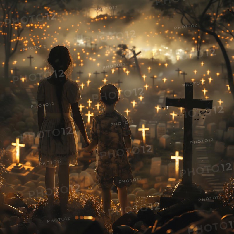 Two children are standing in an illuminated cemetery, it seems quiet and mystical, war, war graves, military cemetery, AI generated