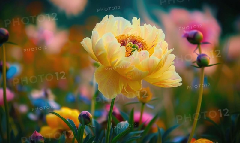 Close-up of a yellow peony blooming in the garden AI generated