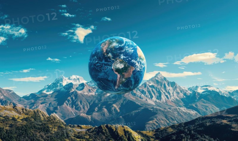 An Earth globe set against a mountain backdrop with a clear blue sky AI generated