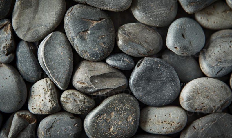 Top view of smooth river pebbles in shades of gray and tan AI generated