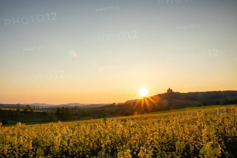 Landscape at sunrise. Beautiful morning landscape with fresh yellow rape fields in spring. Small castle in the yellow fields on a hill. Historic Ronneburg Castle in the middle of nature, Ronneburg, Hesse, Germany, Europe