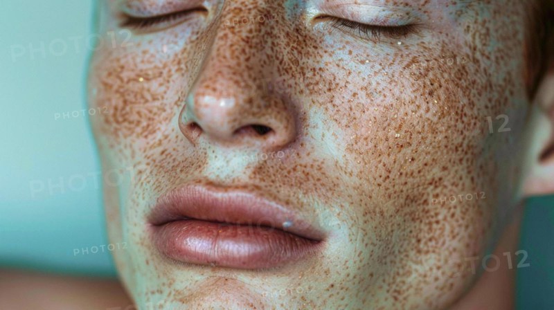 Close-up of a peaceful caucasian male with freckles and natural complexion, blurry teal turquoise solid background, beauty product studio light, fashion artsy make up, high concept potraiture, AI generated