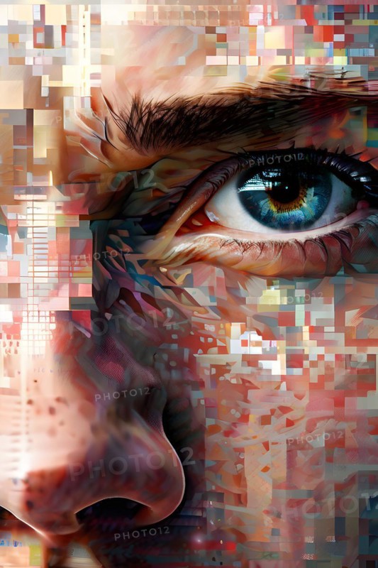 AI generated human portrait transitioning from lifelike human to a pixelated digital effect