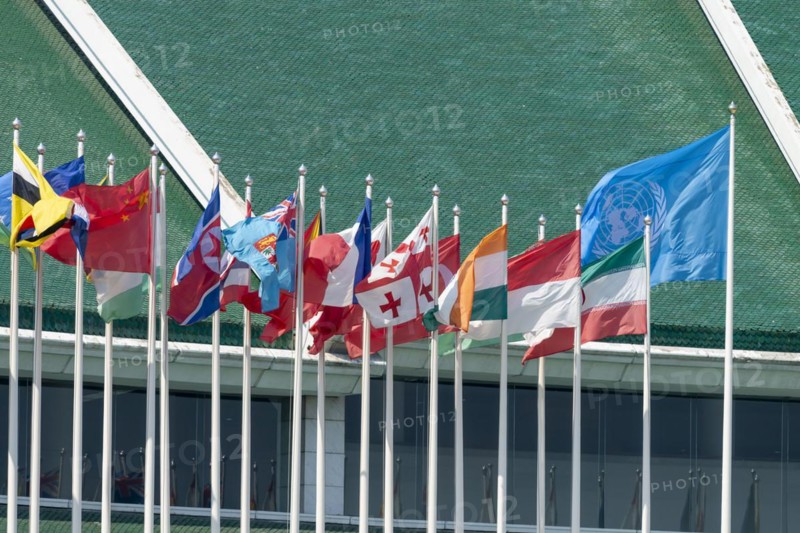 Many flags in front of the United Nations Conference Centre, Bangkok, Thailand, Asia