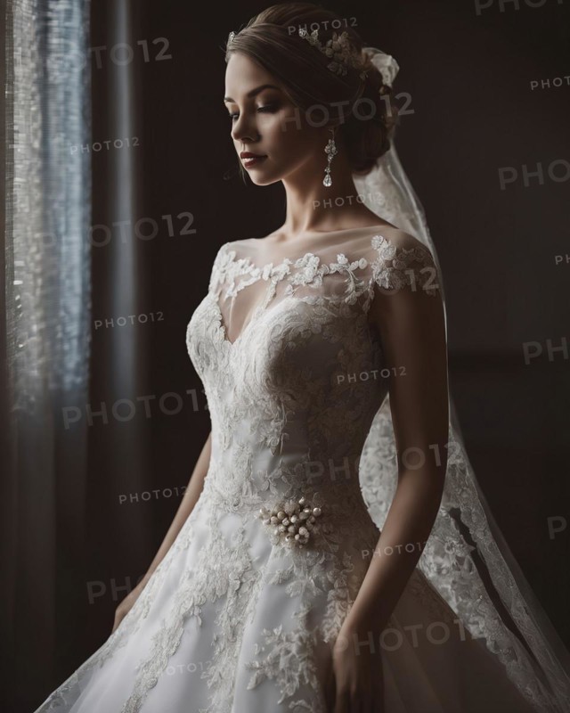 Wedding dress on a mannequin in a bridal salon. ai generative, AI generated