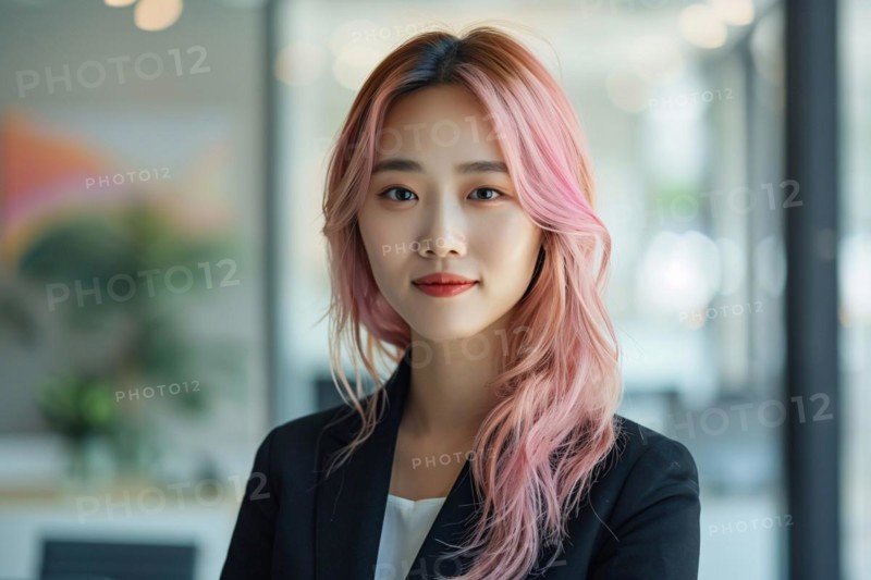 Young Asian woman with black business suit with pastel pink dyed hair. KI generiert, generiert, AI generated