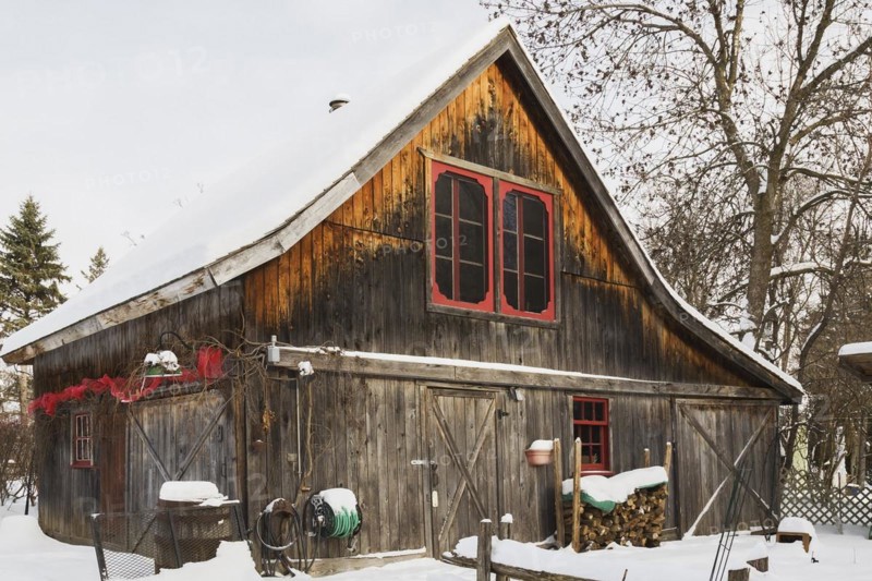Old wooden rustic barn with red trimmed windows and Christmas decorations in winter, Quebec, Canada, North America