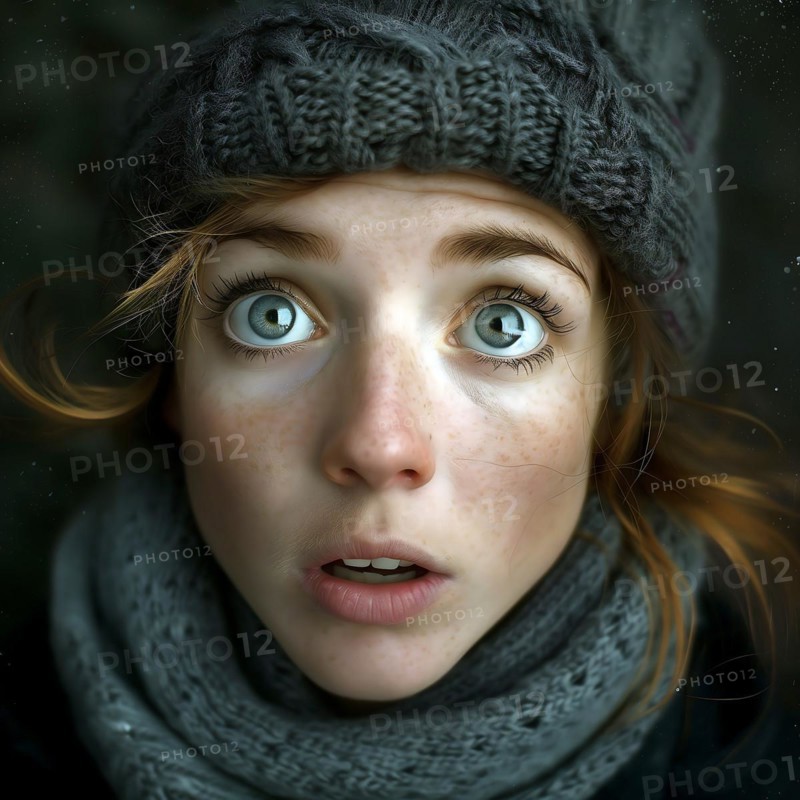 Portrait of a young woman with deep blue eyes, surprised expression and winter hat, run, start, advert, special offer, AI generated