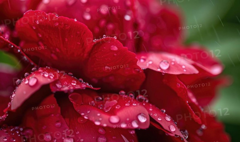 Close-up of a red peony with raindrops glistening on its petals AI generated