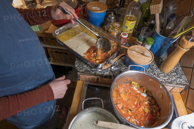 Preparation of a vegetable lasagne, Mecklenburg-Vorpommern, Germany, Europe
