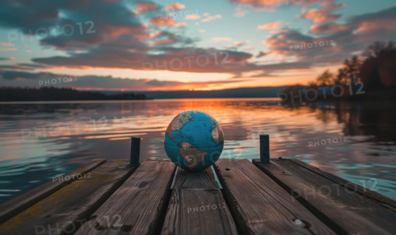 An Earth globe placed on a wooden dock overlooking a calm lake with a picturesque sky AI generated