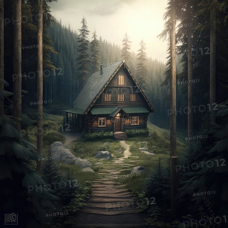 Serene scene of a cozy wooden cabin amidst a foggy, mystical forest, AI generated